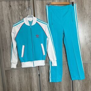 Vintage 80s Adidas Descante 2 Piece Blue and White Track Suit Size XS